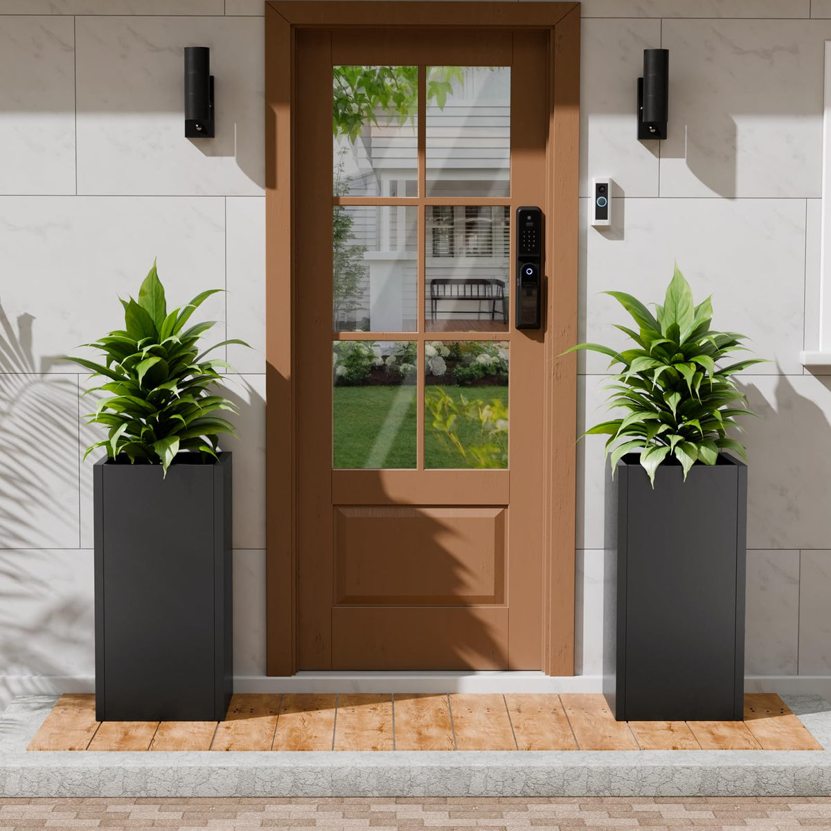 Diyfire Tall Metal Planters Box for Outdoor Plants 2 Pack- 23.6" Modern Steel Tall Square Planter with Removable Insert Shelf, Heavy Duty Pedestal Planter Front Porch Decor Patio Garden, Black
