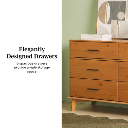 Walker Edison Sloane 6-Drawer Solid Wood Dresser with Metal Handles, 52 Inch, Caramel