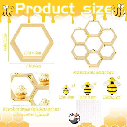 8 Pcs 4.13 Inch Honeycomb Cupcake Stand Cake Farmhouse Hexagon Display Holder Hexagonal Wood Cupcake Stand Floating Table Sign with Wooden Bee for Wedding Baby Shower Birthday Party Table Decorations