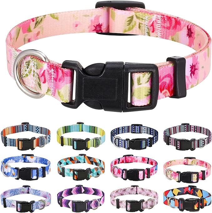 Mihqy Dog Collar with Bohemia Floral Tribal Geometric Patterns - Soft Ethnic Style Collar Adjustable for Small Medium Large Dogs (Pink Rose, S)