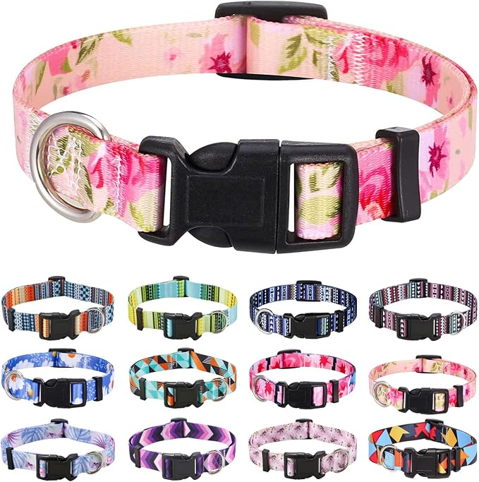 Mihqy Dog Collar with Bohemia Floral Tribal Geometric Patterns - Soft Ethnic Style Collar Adjustable for Small Medium Large Dogs（Pink Rose,L）