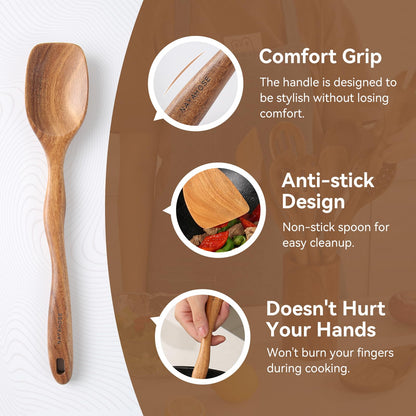 NAYAHOSE Kitchen 10PCS Teak Wooden Utensil Set with Holder and Spoon Rest