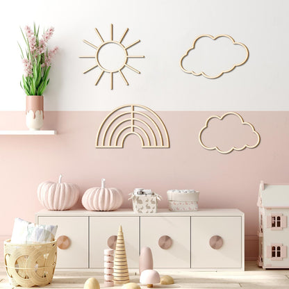 4 Pieces Boho Nursery Cloud Star Wall Decor Wooden Babyroom Moon Rattan Wall Decor Wooden Rainbow for Children Baby Kids Boys Girls Bedroom Nursery Pendant(Cloud Rainbow Sun)