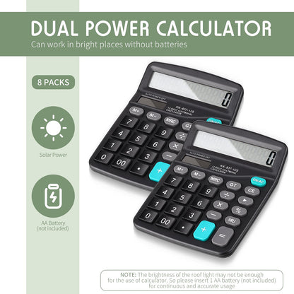 Konohan 8 Pack Calculator Bulk, 12 Digits Calculators Desktop Solar and Battery Dual Power Large LCD Display and Sensitive Butto Handheld for Office, School, Home(Black)
