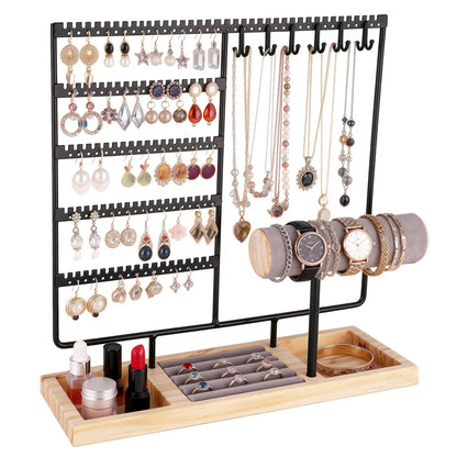 Ciormis 5 Tier Jewelry Holder Organizer, 72 Holes Earring Tree Holder Organizer 12 Hooks Necklace Rack Display Holder with Ring Storage Tray Bracelet Display Holder for Preppy Girl Friend Gift(Black)