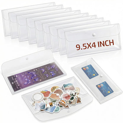 Sticker Organizer, Clear Plastic Envelopes with Snap, 12 Pack Waterproof and Durable for Sticker Storage, Scrapbook Storage, Washi Tape, Scrapbooking & Stamping Supplies (9.5 x 4 Inches)