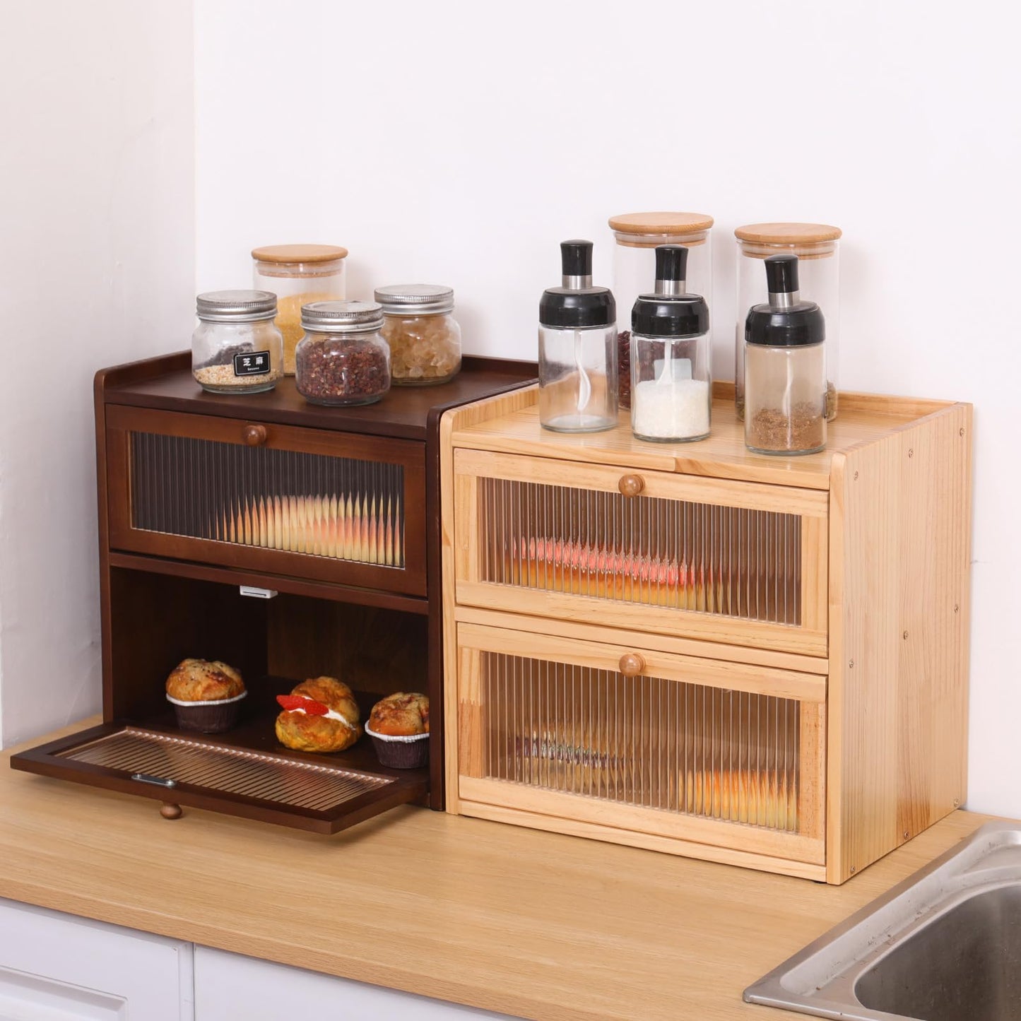 FDHUIJIA Double Layer Large Bread Box for Kitchen Counter, Wooden Bread Storage Container with Acrylic Window, (natural)