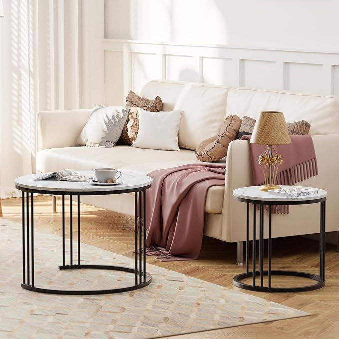 Garden 4 you Coffee Table Faux Marble Nesting Table for Small Place 2 Sets Modern Furniture Living Room Sets End Side Table Night Stand for Bed Room Dining Room (Black & White)