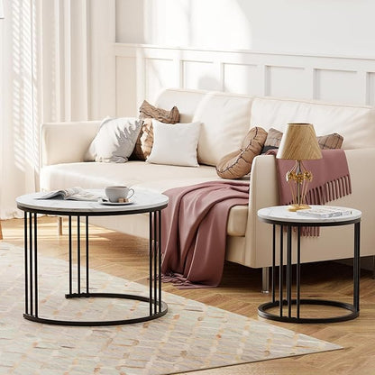 Garden 4 you Coffee Table Faux Marble Nesting Table for Small Place 2 Sets Modern Furniture Living Room Sets End Side Table Night Stand for Bed Room Dining Room (Black & White)