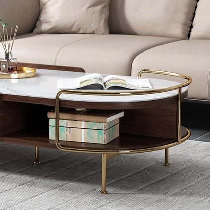 Lartis Oval Coffee Table in Walnut, Sintered Stone Living Room Table with Semi-Circular Storage,Multi Functional Marvel for Modern Living Room (White, 51 in)