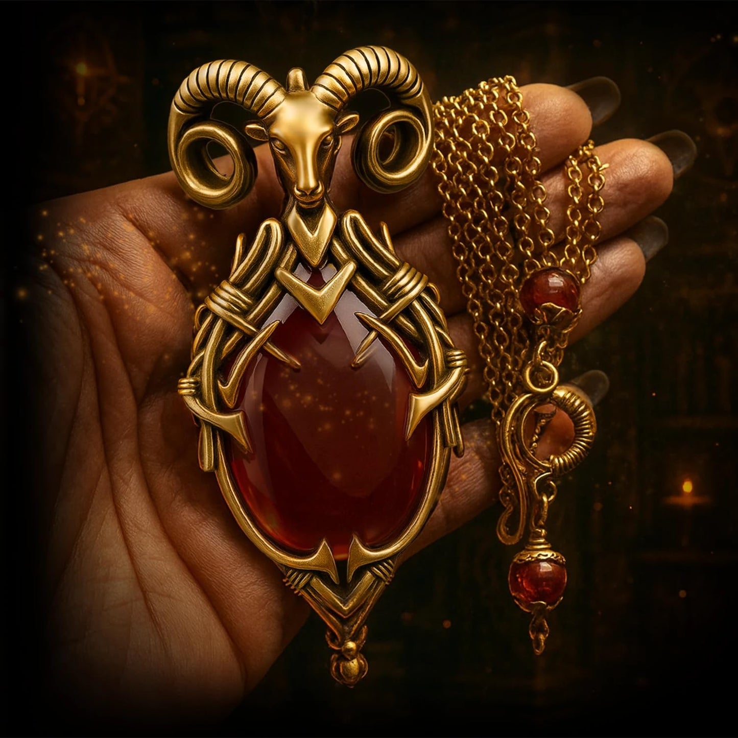 Aries Zodiac Talisman Necklace – 24K Gold Plated, Handcrafted with Red Carnelian Gemstone. Limited-Edition Astrology Pendant in Wooden Heirloom Box. Sacred Jewelry for Women.