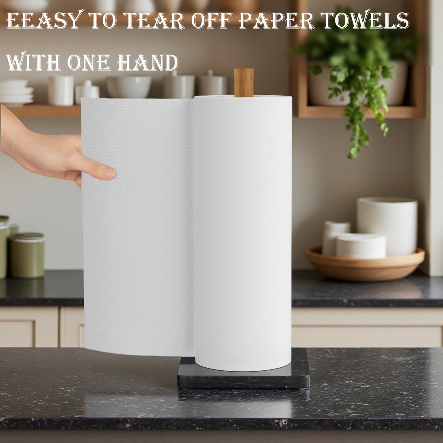 Buruis Wood Paper Towel Holder, Marble Base Modern Decorative Countertop Standing Rolls Holder for Kitchen, Toilet, Pantry and Bathroom (Square Marble Base Black)