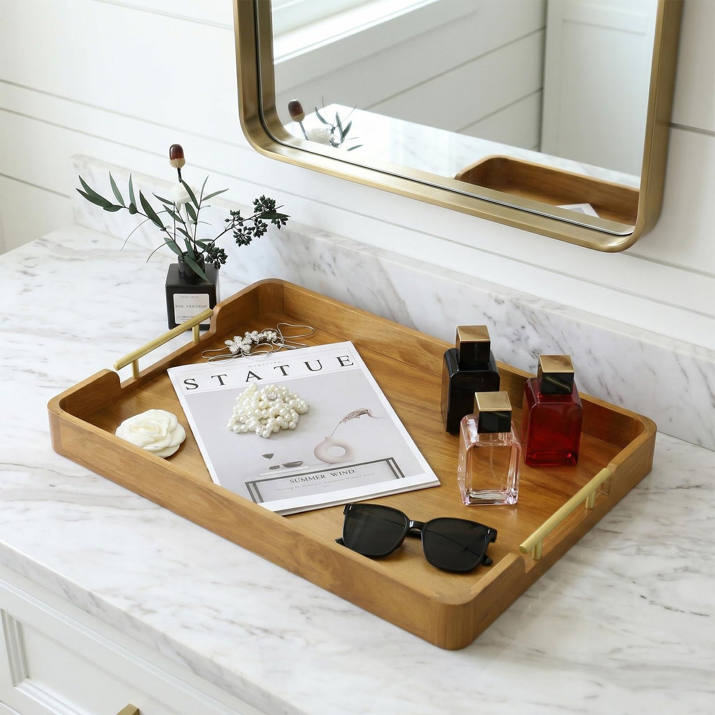 Fopeat Solid Teak Wood Serving Tray with Handles, 20"x14"x2" Large Ottoman Tray for Living Room Kitchen Party, Decorative Rustic Rectangular Tray for Home Coffee Table Breakfast Dinner Bar