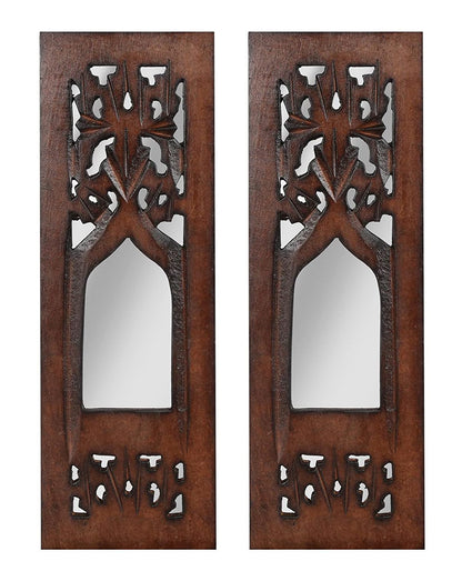 The Wooden Town Wall Hanging Plaques Wall Décor Jharokha With Mirror, Elegant Sculpture Wall Décor Panel to Enhance the Décor of Your Room or Office - 12x4 Inch - Burnt Set of 2