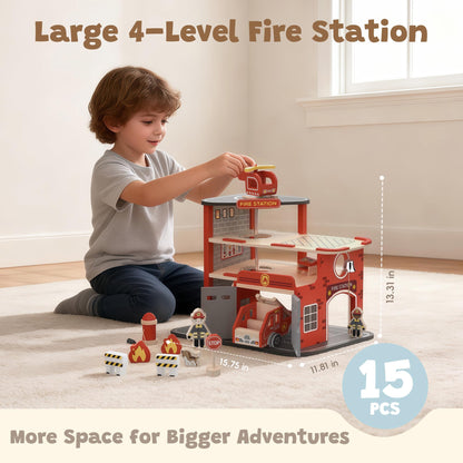 Freniland Wooden Fire Station Playset, 4-Level Pretend Play Firehouse with Fire Truck, Helicopter, Figures & Accessories, Educational Role Play Toy for Toddlers Kids Age 3+