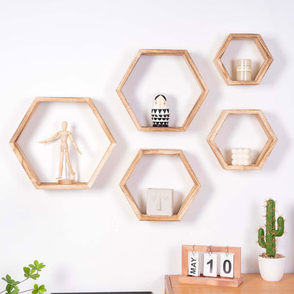WONFUlity Hexagon Floating Shelves Honeycomb Shelves Wall Mounted Wood Farmhouse Storage Wall Shelf for Bathroom, Kitchen, Bedroom, Living Room,Driftwood Finish Decor,Light Brwon