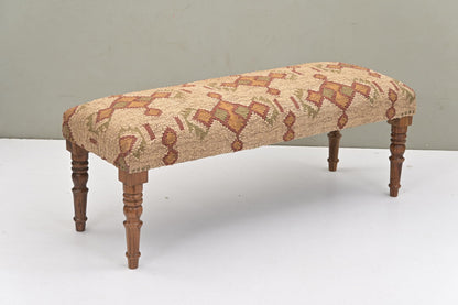 NATURAL FURNISH Acacia Wood Kilim Jute Fabric Upholstered Bench with Geometric Pattern | Wooden Ottoman with Turned KD Legs for Living Room, Bedroom, End of Bed, Hallway & Entryway (Beige and Rust)