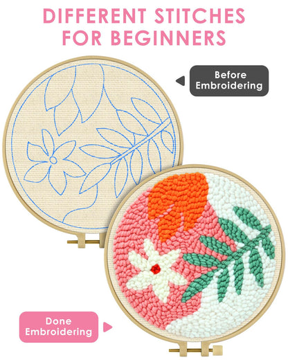TINDTOP Punch Needle Kits, Punch Embroidery Kits for Adults Beginner, Tool with Punch Needle Fabric, Hoops, Yarns and Sewing Needles
