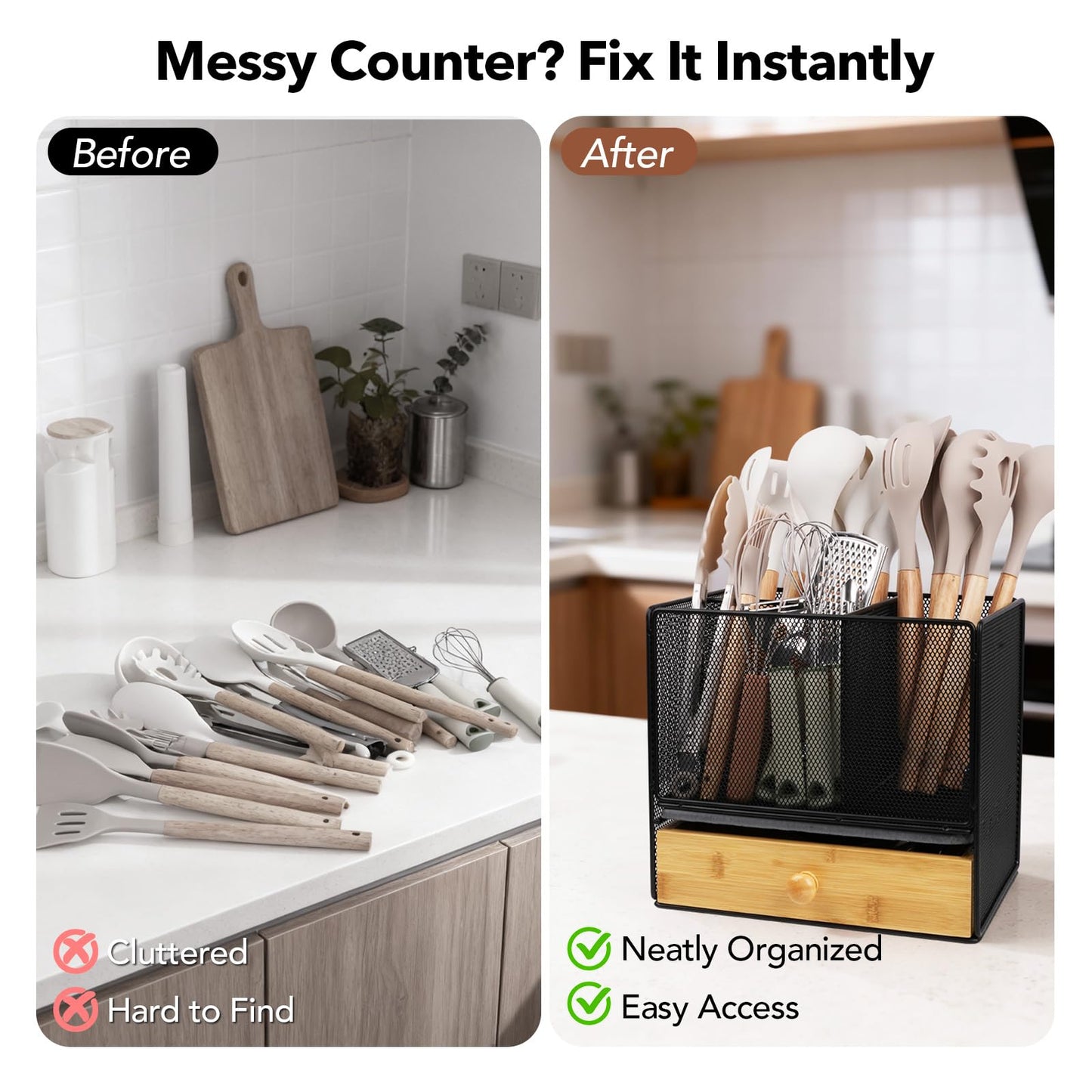 Kitchen Utensil Holder Countertop, Extra Large Utensil Organizer with Drawer, 2-Tier Utensil & Silverware Organizer for Kitchen Counter, Cooking Utensil Cutlery Caddy, Quick Dry Diatomite Base