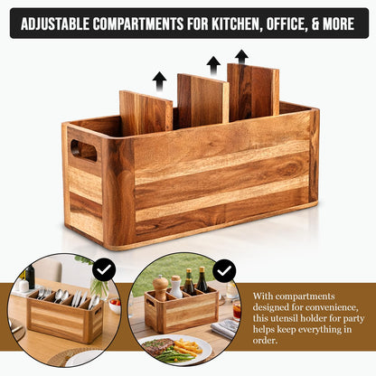 Paw-er Play Wooden Caddy Utensil Holder - Premium Acacia Wood Utensil Caddy with Sturdy Design for Easy Organization - Perfect Kitchen Utensil Organizer for Counters, Dining Tables, and Everyday Use