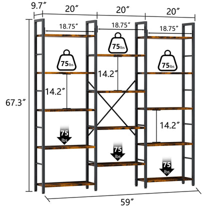 Shintenchi Triple 5 Tier Bookshelf, Industrial Large Bookcase with 14 Open Display Shelves, Large Etagere Bookshelf,Wide Book Shelf Book Case for Home & Office, Brown
