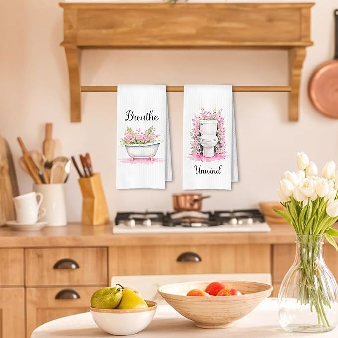 Farmhouse Pink Botanical Bathroom Hand Towels, Relax Breathe Soak Unwind