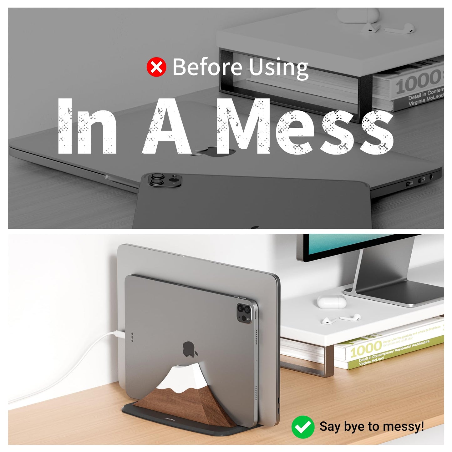 AFOOYO Vertical Laptop Stand - Snow Peak-Shaped Wooden Holder Dock Compatible with MacBook, Surface, Chromebook, Dell & More - Space-Saving Design for All Laptops,Walnut Finish