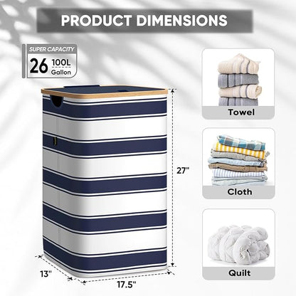 BALEINE Laundry Hamper with Lid, Tall Laundry Baskets with Bamboo Pull Handles