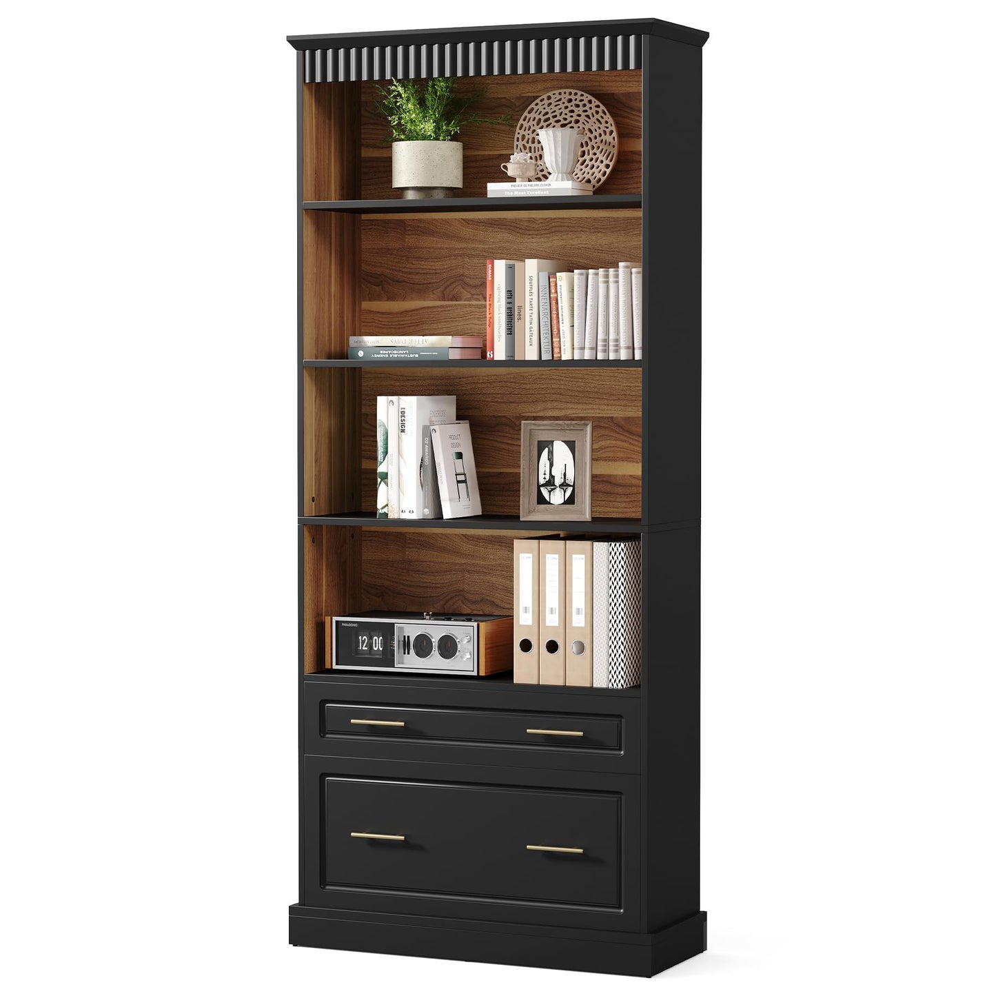 LITTLE TREE 72" Tall Black Bookcase, 5-Tier Office Bookself with File Cabinet Drawers,Modern Floor Standing Storage Filing Cabinet Book Shelf for Living Room,Bedroom