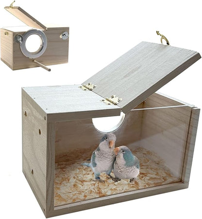 Parakeet Nesting Box, 7.87 X 4.72 X 4.72 inch Transparent Bird Nest Breeding Box with Perch Parrot Mating Box Wood Bird House Aviary for cage (S Horizontal Transparent+Wood)