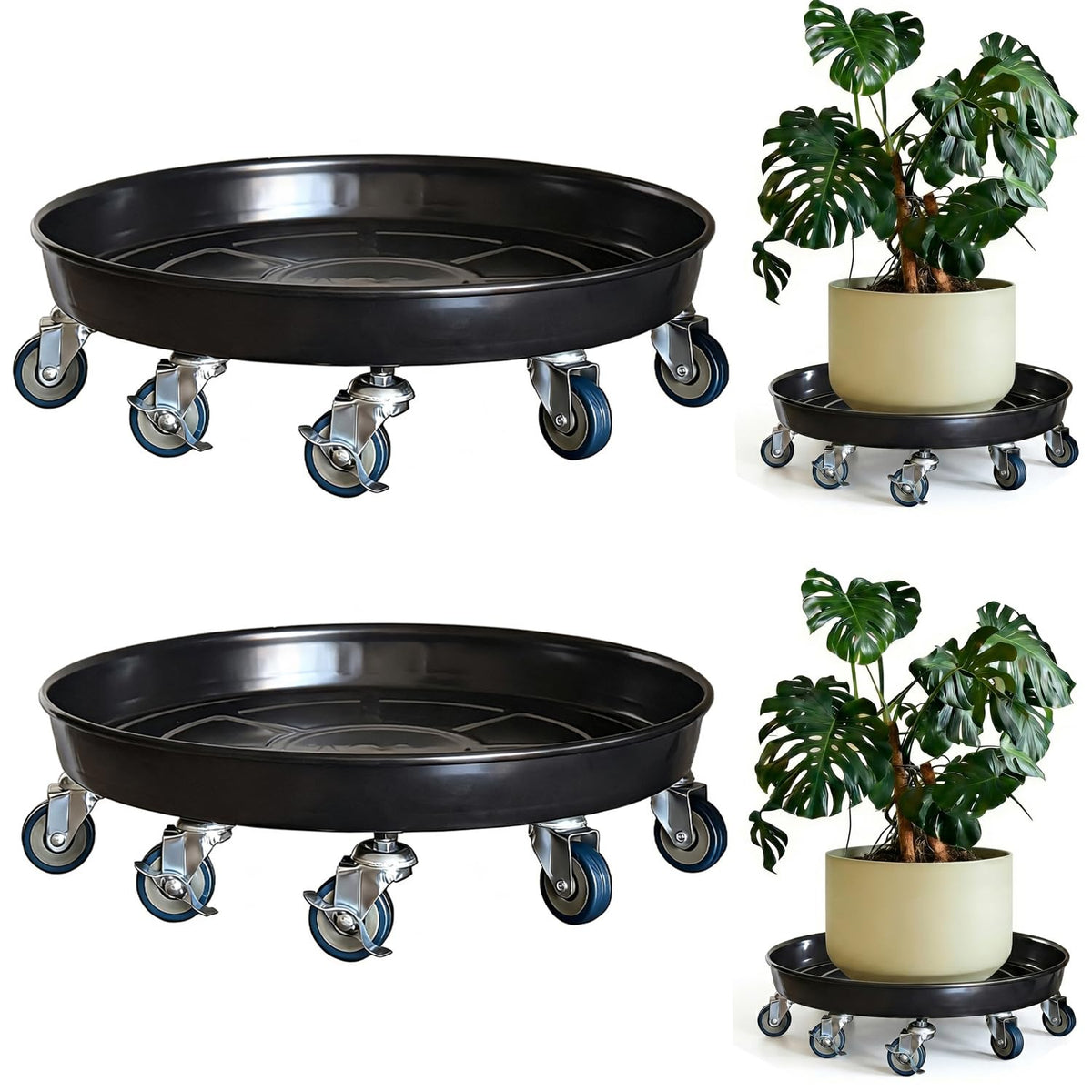 SKAFORZ Rolling Planter Caddy(430lbs Capacity), Heavy Duty Metal Plant Stand with Brake Wheels Plant Dolly Mover Plant Pot Tray Saucer for Indoor Outdoor 16 Inches Black 2Pack