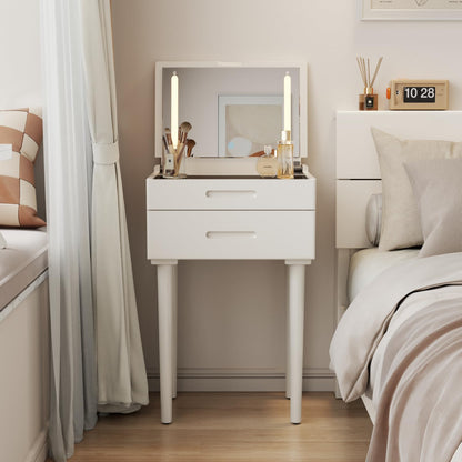 Muwuele Solid Wood Small Vanity Desk with Mirror and Lights, Narrow Makeup Vanity for Small Space, Flip Top Vanity Side Table, 3 Color Modes & Adjustable Brightness, 19.6" Slim Dressing Table, White