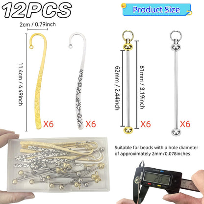 YFXJC 12 Pcs Beadable Bookmarks DIY Metal Blank Bar Bookmark for Beads Metal Bookmark Hairpin Hook Carved Antique Vintage Bookmarks Gift for Book Lovers Student Teacher Office Supplies, Silver+Gold