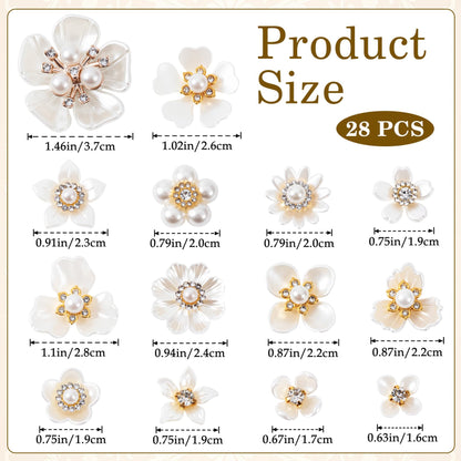 HINZIC 28pcs Flower Pearl Buttons Rhinestone Embellishments, Flatback Faux Pearls Flowers for Crafting, Sparkly Rhinestone Buttons Floral Pearl Applique for DIY Decor Wedding Jewelry - White