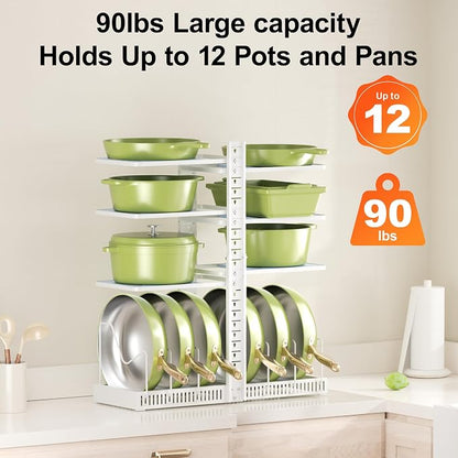 LAMU Pots and Pans Organizer under Cabinet, Pan Pot Organizers inside Cabinet with 6 Shelves and Pot Lid Organizer, Adjustable Height Up to 24", Holds up to 12 Pans, Lightweight Pots, White