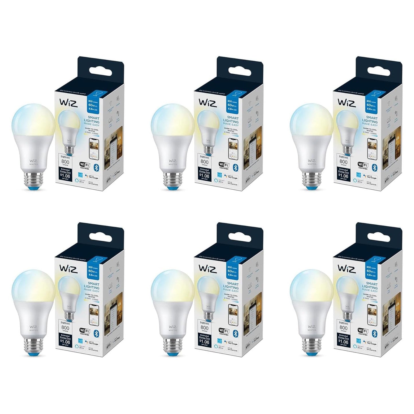 WiZ 60W A19 Tunable White LED Smart Bulb - Pack of 6 - E26- Indoor - Connects to Your Existing Wi-Fi - Control with Voice or App + Activate with Motion - Matter Compatible