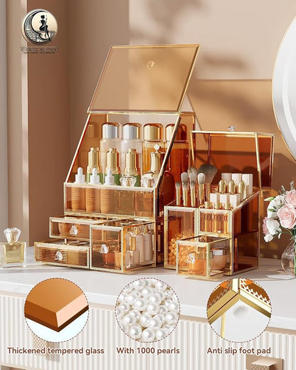 CoralHouse Amber Glass Makeup Organizer with Lid, 3-Piece Vanity Organizer with Gold Frame, Cosmetic Display Case for Skincare, Perfume, Lipsticks, Brushes, Bathroom Countertop & Dresser