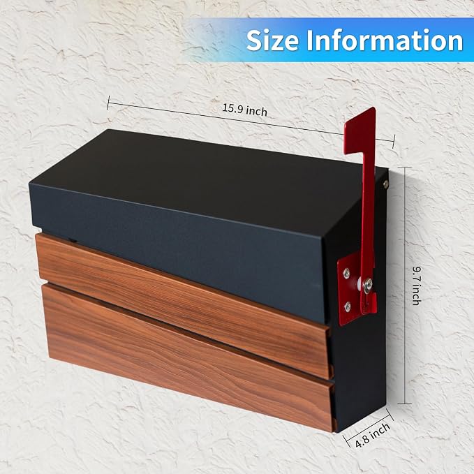 Wall-Mount Mailbox, Wood-Grain Metal Panel, Rust Resistant Large Capacity House Mailbox, Modern Drop Mailboxes for Outside, Metal Post Box with Flag (No Keys Locking)