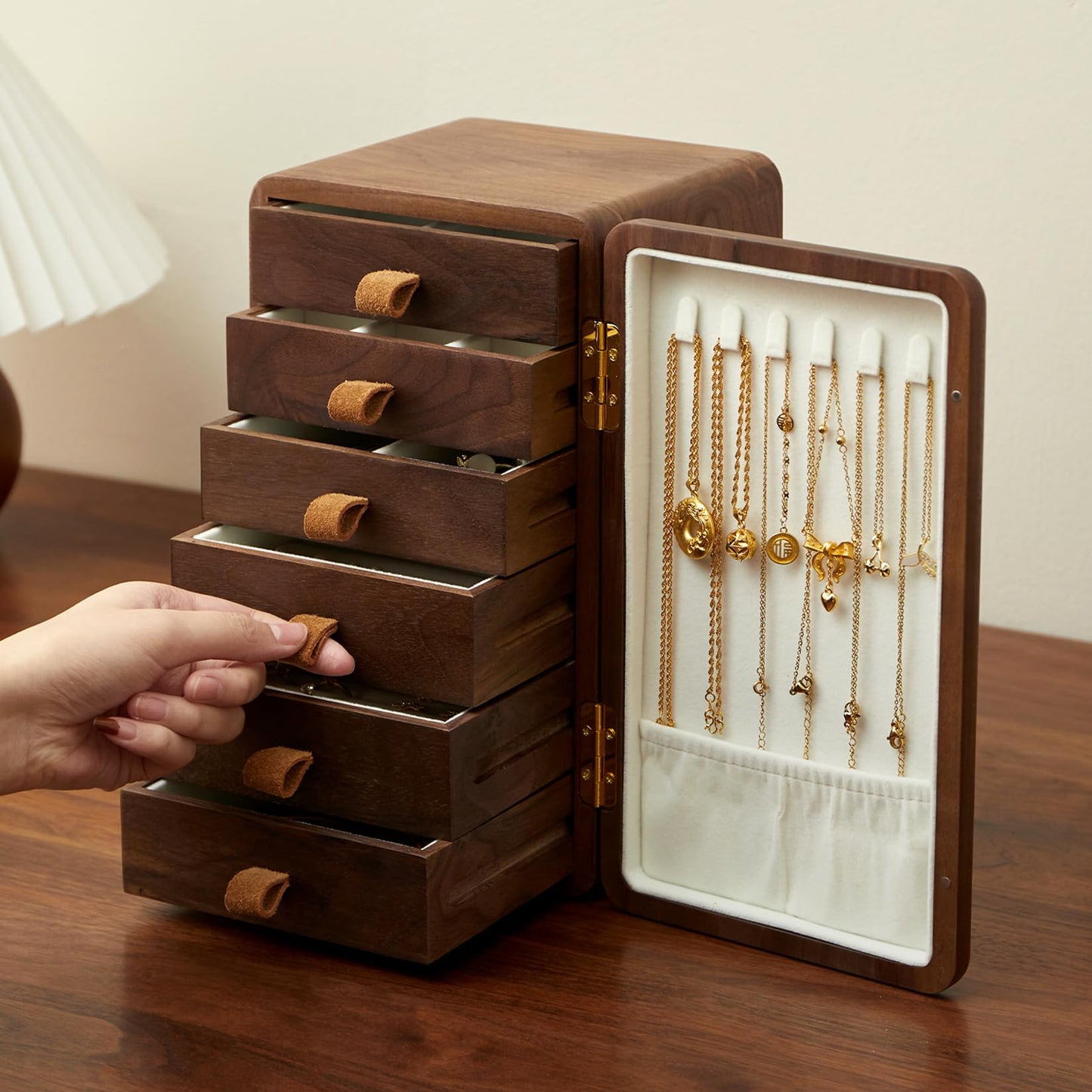 THFLSTR Black Walnut Solid Wood Cabinet Jewelry Box for Women, Large Velvet Lined Organizer with 6 Drawers, Cherry Wood Cat Inlays, Rosewood Handles, Gift for Her