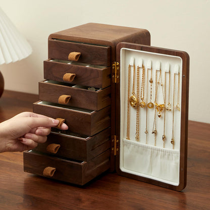 THFLSTR Black Walnut Solid Wood Cabinet Jewelry Box for Women, Large Velvet Lined Organizer with 6 Drawers, Cherry Wood Cat Inlays, Rosewood Handles, Gift for Her