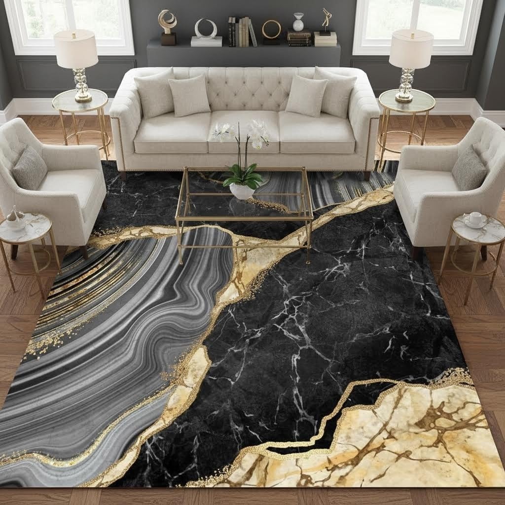 Black Gray Gold Cracked Marble Texture Area Rug 5x7 Modern Abstract Aesthetic Art Deco Machine Washable Rugs for Living Room Bedroom Guestroom Luxury Home Office Meetingroom Indoor Carpet Floor Mat