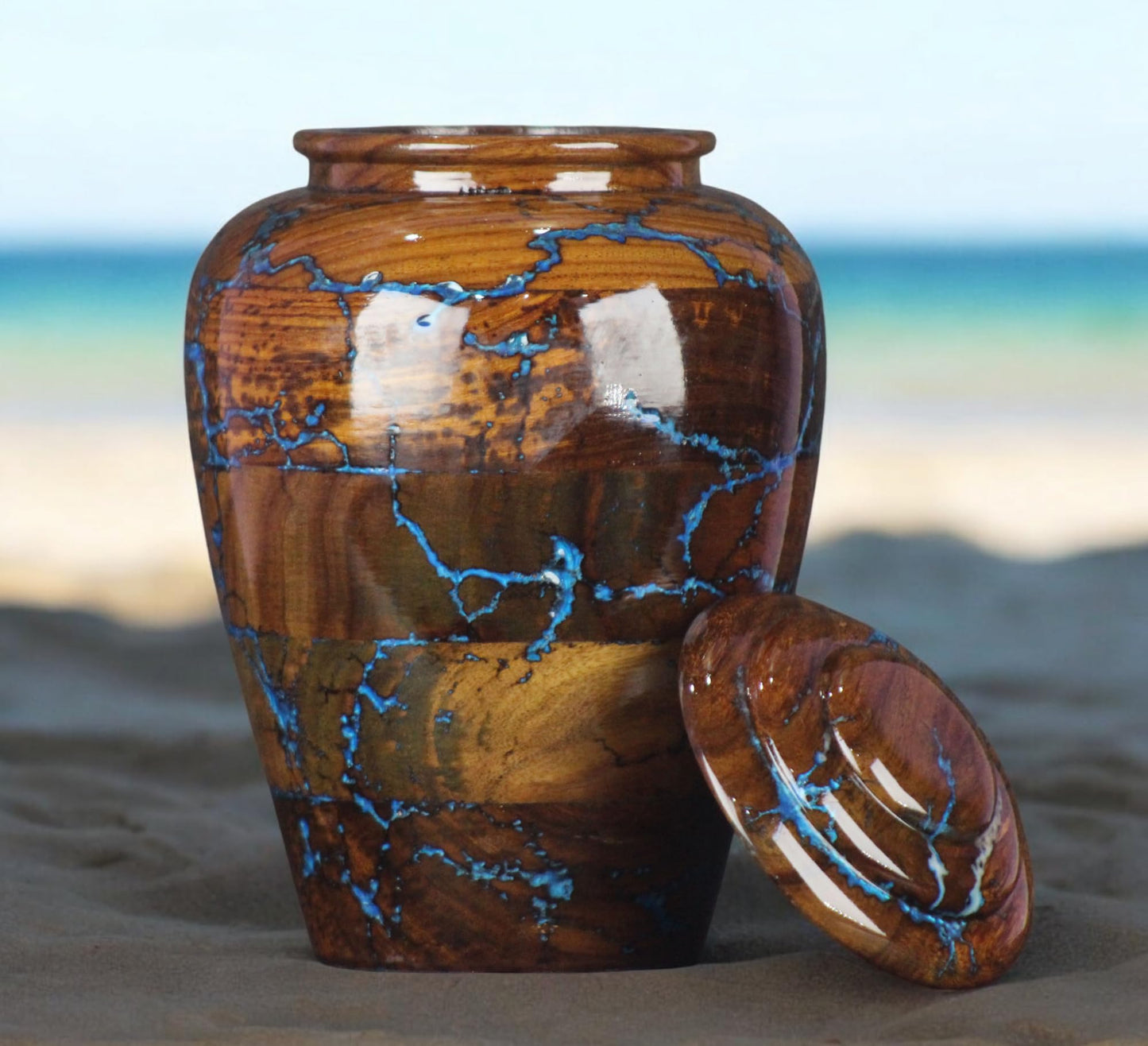 Rosewood Cremation Urns for Human Ashes Adult Male Female, Wooden Urns for Pets Ashes (Large - 200 lbs, Blue Resin)