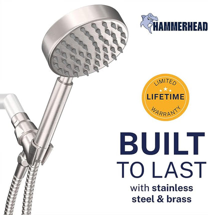 HammerHead Showers® Solid Metal LOW FLOW Handheld Shower Head with Hose and Brass Holder - BRUSHED NICKEL – Water Saving 1.75 GPM Detachable Shower Head - Adjustable Shower Wand Bracket & 6ft Hose