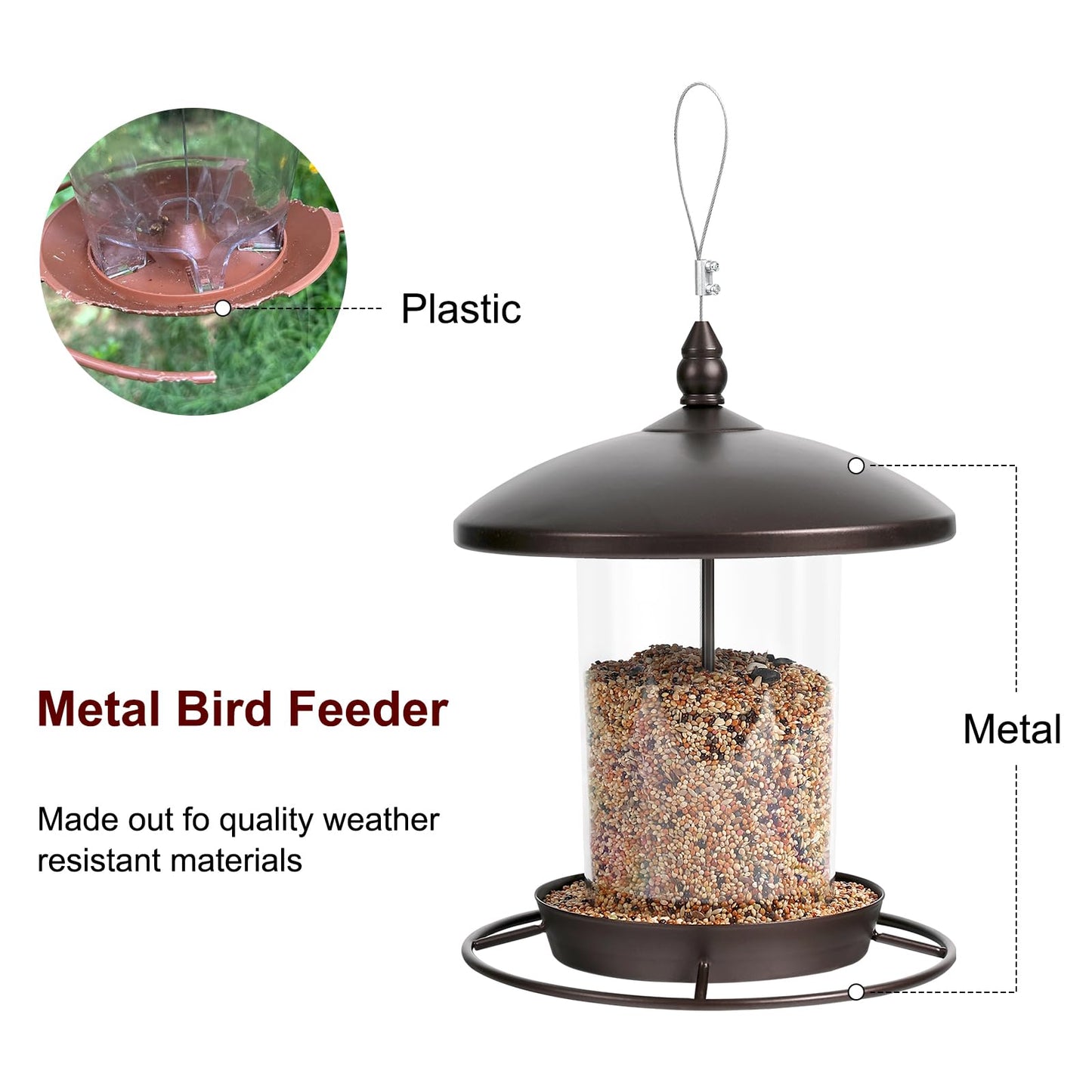 Metal Bird Feeder for Outdoors Hanging,3.0LB Seed Feeder,Easy to Fill & Clean,360° Feeding,Weatherproof Roof for Gardens and Wild Birds,Brown
