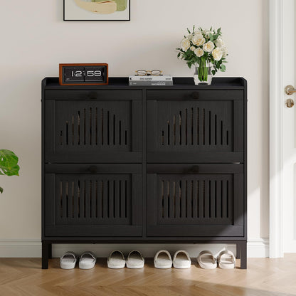 4-Door Flip Front Shoe Cabinet with Adjustable Shelves – Hidden Entryway Storage Organizer for Hallway, Foyer, Living Room – Freestanding Wooden Shoe Rack with Large Capacity & Modern Design, Black