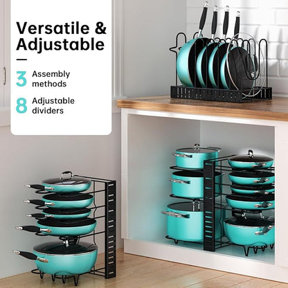MUDEELA Pots and Pans Organizer Rack under Cabinet 16.61 Height, 8 Tiers Adjustable Pot Pan Rack with 3 DIY Methods, Pot Lid holder for Kitchen Cabinet Organizers and Storage