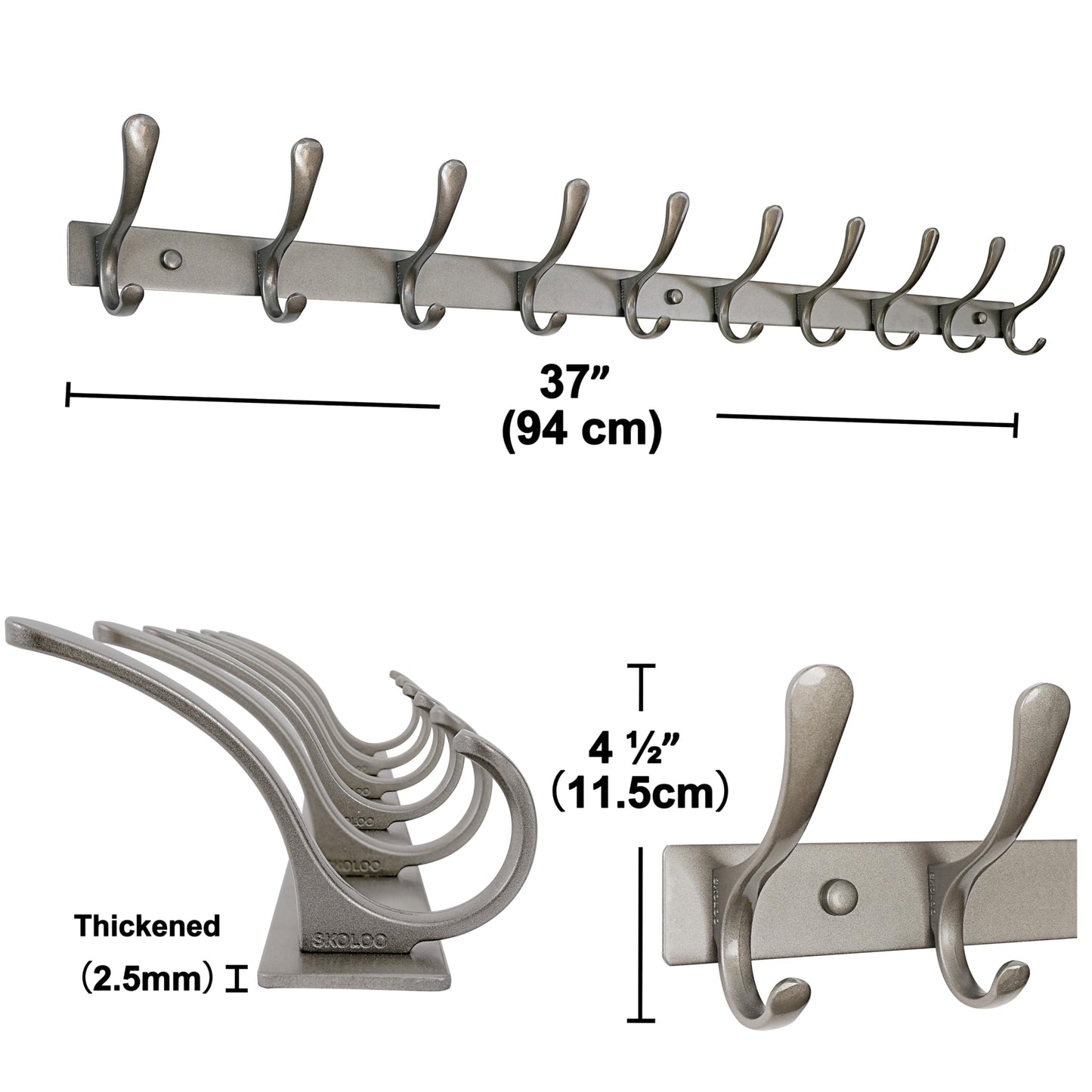 SKOLOO Coat Rack Wall Mounted - 10 Hooks, Heavy Duty, Stainless Steel, Metal Wall Hanger, Sturdy Coat Hooks for Hanging Coats, Jacket, Clothes, Hat, Matte Grey