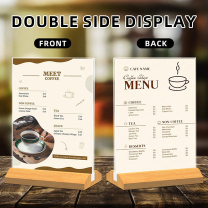 QLKGWEA 3 Pack Acrylic Sign Holder 8.5 x 11 Inch, Wood Base Signs Stand for Menu Flyer Display, Table Clear Plastic T Shape Holder for Stores, Restaurants, Hotels, Office