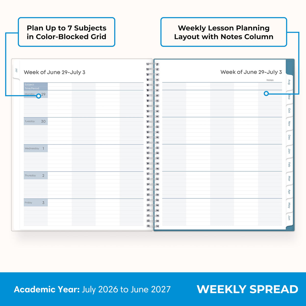 Blue Sky 2026-2027 Weekly and Monthly Academic Year Teacher Lesson Planner Calendar, July 2026 - June 2027, 8.5" x 11", Clear Pocket Cover, Wirebound, Laminated Tabs, Storage Pocket, Ditsy Dapple Light