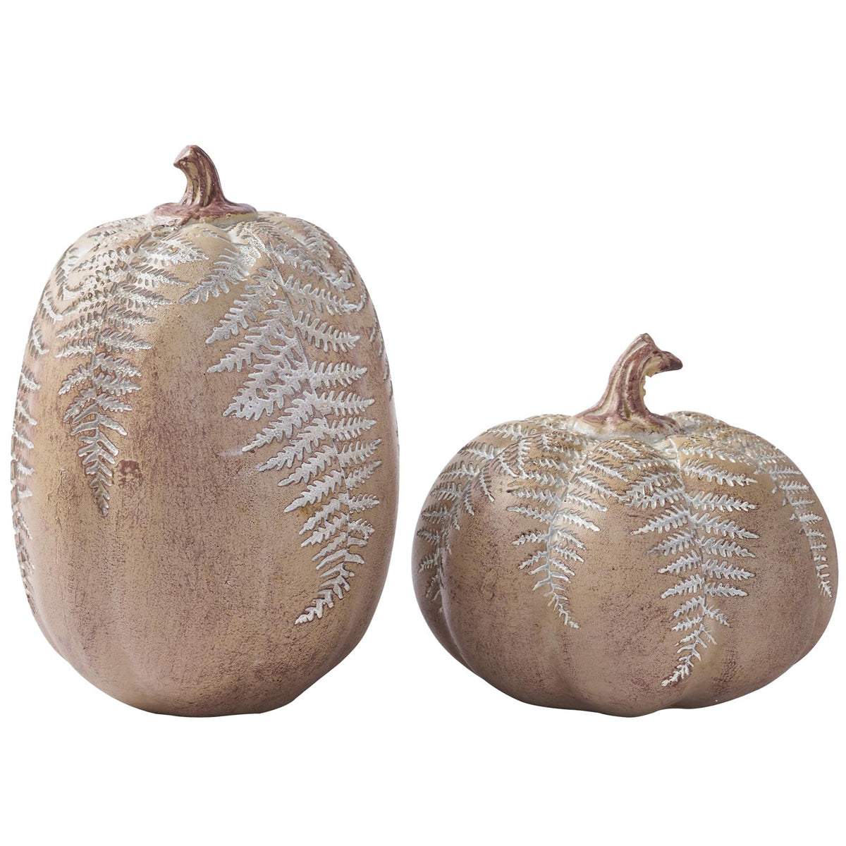 DN DECONATION 2-Pack Fall Pumpkin Decorations for Home, Faux Pumpkins for Decorating, Rustic Brown Resin Pumpkins Decor with Carved Leaves – Thanksgiving Table Centerpiece, Modern Farmhouse Fall Decor